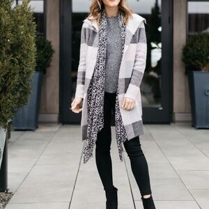 Ann Taylor Loft Long Sleeve Open Cardigan Soft Shades of Pink/Grey Plaid, 16/18